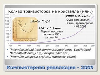 Компьютерная революция - 2009 ( http://download.intel.com/museum/Moores_Law/Printed_Materials/Moores_Law_Backgrounder.pdf  ) ( http://en.wikipedia.org/wiki/Transistor_count ) Кол-во транзисторов на кристалле (млн.) 2009  >  2-х млн. Quad -core  Itanium :   2 млн. транзисторов 4.02. 2008 2001  <  0.2 млн.  Первая массовая поставка ПК в школы РФ  Закон Мура 