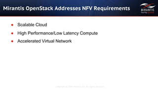 Copyright © 2016 Mirantis, Inc. All rights reserved
Mirantis OpenStack Addresses NFV Requirements
● Scalable Cloud
● High Performance/Low Latency Compute
● Accelerated Virtual Network
 