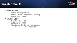 Copyright © 2016 Mirantis, Inc. All rights reserved
Scalable Clouds
• Multi Region
• Shared Nothing - Global
• Shared Critical Components – Country
• Shared Infra - Metro
• Cluster Scale
• Out of the Box – 200
• Buildable to – 1000
• Mirantis and Co-Dev partners roadmap
• Out of the box: 500, 1000, 5000
 