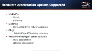 Copyright © 2016 Mirantis, Inc. All rights reserved
Hardware Acceleration Options Supported
• Intel NICs
• Niantic
• Forteville
• Mellanox
• Connect X-3 Pro network adapters
• Qlogic
• 3400/8400/45000 series adapters
• Netronome intelligent server adapters
• OVS acceleration
• vRouter acceleration
 