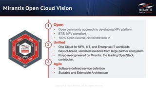 Copyright © 2016 Mirantis, Inc. All rights reserved
Mirantis Open Cloud Vision
Open
• Open community approach to developing NFV platform
• ETSI-NFV compliant
• 100% Open Source, No vendor-lock in
Unified
• One Cloud for NFV, IoT, and Enterprise IT workloads
• Best-of-breed, validated solutions from large partner ecosystem
• Purpose-engineered by Mirantis: the leading OpenStack
contributor.
Agile
• Software-defined service definition
• Scalable and Extensible Architecture
1
2
3
 