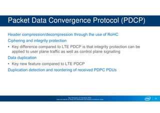 Next Generation and Standards (NGS)
Client and Internet of Things (IoT) Businesses and Systems Architecture Group
Packet Data Convergence Protocol (PDCP)
Header compression/decompression through the use of RoHC
Ciphering and integrity protection
• Key difference compared to LTE PDCP is that integrity protection can be
applied to user plane traffic as well as control plane signalling
Data duplication
• Key new feature compared to LTE PDCP
Duplication detection and reordering of received PDPC PDUs
24
 