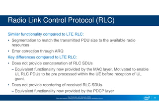 Next Generation and Standards (NGS)
Client and Internet of Things (IoT) Businesses and Systems Architecture Group
Radio Link Control Protocol (RLC)
Similar functionality compared to LTE RLC:
• Segmentation to match the transmitted PDU size to the available radio
resources
• Error correction through ARQ
Key differences compared to LTE RLC:
• Does not provide concatenation of RLC SDUs
– Equivalent functionality now provided by the MAC layer. Motivated to enable
UL RLC PDUs to be pre processed within the UE before reception of UL
grant.
• Does not provide reordering of received RLC SDUs
– Equivalent functionality now provided by the PDCP layer
26
 