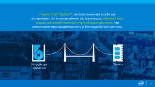 14
Память Intel® Optane™, которая включает в себя как
аппаратную, так и программную составляющие, образует мост
между системной памятью и устройством хранения, что
увеличивает производительность и быстродействие системы.
Устройство
хранения
Память
 