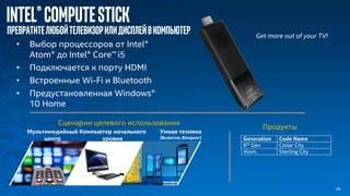 INTEL® CONFIDENTIAL: FOR INTERNAL AND NDA USE ONLY
Intel®COMPUTESTICK
Превратителюбойтелевизорилидисплейвкомпьютер Get more out of your TV!
Intel®ComputeStick
Мультимедийный
центр
Компьютер начального
уровня
Умная техника
(Вывески, Вендинг)
Сценарии целевого использования
Продукты
Generation Code Name
6th Gen Cedar City
Atom Sterling City
• Выбор процессоров от Intel®
Atom® до Intel® Core™ i5
• Подключается к порту HDMI
• Встроенные Wi-Fi и Bluetooth
• Предустановленная Windows®
10 Home
28
 