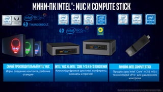 Самыйпроизводительныйintel®NUC
Игры, создание контента, рабочие
станции
ЛинейкаIntelComputeStick
Процессоры Intel®
Core™ m3 & m5 с
технологией vPro™ для удаленного
контроля
МИНИ-ПКIntel®:NUCИComputeStick
Intel®NUCнаIntel®core7-гои8-гопоколения
Киоски/цифровые дисплеи, конференц
комнаты и прочее!
*This device has not been authorized as required by the rules of the Federal Communications Commission.
This device is not, and may not be, offered for sale or lease, or sold or leased, until authorization is obtained.
 