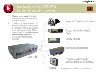 Localización de flotas GPS-GPRS La caja y las posibles conexiones El  la caja más avanzada . Diseñada para ofrecer el mejor rendimiento en la localización de flotas. La unidad es un equipo compacto y de reducidas dimensiones  (con posibilidad de poner batería interna) que incorpora en una única caja un receptor GPS, un módem GSM/GPRS,  entradas/salidas para sensores y periféricos  y una CPU que gestiona todos estos elementos Navegación asistida y mensajería. Acceso a datos del tacógrafo  Digital. Display de datos Identificador de remolque Conexión con termógrafo o lectura directa de temperatura. OTROS Apertura puertas, identificación conductor, etc. Caja IL65 