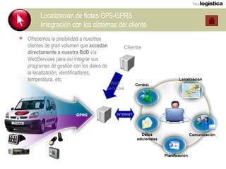 Localización de flotas GPS-GPRS Integración con los sistemas del cliente Ofrecemos la posibilidad a nuestros clientes de gran volumen que  accedan directamente a nuestra BdD  vía WebServices para así integrar sus programas de gestión con los datos de la localización, identificadores, temperatura, etc. INTERNET Cliente Web services GPRS 