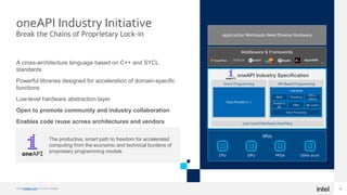 4
Middleware & Frameworks
Application Workloads Need Diverse Hardware
oneAPI Industry Initiative
Break the Chains of Proprietary Lock-in
A cross-architecture language based on C++ and SYCL
standards
Powerful libraries designed for acceleration of domain-specific
functions
Low-level hardware abstraction layer
Open to promote community and industry collaboration
Enables code reuse across architectures and vendors
API-Based ProgrammingDirect Programming
Low-Level Hardware Interface
Math Threading
DPC++
Library
Analytics/
ML
DNN ML Comm
Video Processing
Libraries
Data Parallel C++
XPUs
oneAPI Industry Specification
The productive, smart path to freedom for accelerated
computing from the economic and technical burdens of
proprietary programming models
Visit oneapi.com for more details
CPU GPU FPGA Other accel.
..
.
 