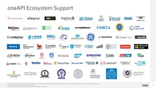 8
oneAPI Ecosystem Support
These organizations support the oneAPI initiative ‘concept’ for a single, unified programming model for cross-architecture development. It does not indicate any
agreement to purchase or use of Intel’s products.
*Other names and brands may be claimed as the property of others.
Indian Institute of
Technology Delhi
UNIVERSITY OF
CAMBRIDGE
Medison
 