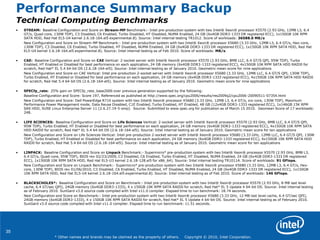 35
* Other names and brands may be claimed as the property of others. Copyright © 2010, Intel Corporation.
Performance Summary Backup
Technical Computing Benchmarks
• STREAM: Baseline Configuration and Score on Stream-MP Benchmark:- Intel pre-production system with two Intel® Xeon® processor X5570 (2.93 GHz, 12MB L3, 6.4
GT/s, Quad-core, 130W TDP), C3 Disabled, C6 Enabled, Turbo Disabled, HT Disabled, NUMA Enabled, 24 GB (6x4GB DDR3-1333 DR registered ECC), 1x150GB 10K RPM
SATA HDD, Red Hat EL5-U4 kernel 2.6.18-164.el5 experimental.8). Source: Intel internal testing TR1012. Score of workloads: 36588.0 MB/s
New Configuration and Score on Stream-MP Benchmark:- Intel pre-production system with two Intel® Xeon® processor X5680 (3.33 GHz, 12MB L3, 6.4 GT/s, Hex-core,
130W TDP), C3 Disabled, C6 Enabled, Turbo Disabled, HT Disabled, NUMA Enabled, 24 GB (6x4GB DDR3-1333 DR registered ECC), 1x150GB 10K RPM SATA HDD, Red Hat
EL5-U4 kernel 2.6.18-164.el5 experimental.8). Source: Intel internal testing as of Feb 2010. Score of workloads: MB/s.
• CAE: Baseline Configuration and Score on CAE Vertical: 2-socket server with Intel® Xeon® processor X5570 (2.93 GHz, 8MB LLC, 6.4 GT/S QPI, 95W TDP), Turbo
Enabled, HT Enabled or Disabled for best performance on each application, 24 GB memory (6x4GB DDR3-1333 registered ECC), 4x150GB 10K RPM SATA HDD RAID0 for
scratch, Red Hat* EL 5.4 64-bit OS (2.6.18-164-el5). Source: Intel internal testing as of January 2010. Geometric mean score for nine applications
New Configuration and Score on CAE Vertical: Intel pre-production 2-socket server with Intel® Xeon® processor X5680 (3.33 GHz, 12MB LLC, 6.4 GT/S QPI, 130W TDP),
Turbo Enabled, HT Enabled or Disabled for best performance on each application, 24 GB memory (6x4GB DDR3-1333 registered ECC), 4x150GB 10K RPM SATA HDD RAID0
for scratch, Red Hat 5.4 64-bit OS (2.6.18-164-el5). Source: Intel internal testing as of January 2010. Geometric mean score for nine applications
• SPECfp_rate: 25% gain on SPECfp_rate_base2006 over previous generation supported by the following:
Baseline Configuration and Score: Score 197, Referenced as published at http://www.spec.org/cpu2006/results/res2009q2/cpu2006-20090511-07354.html
New Configuration and Score: Dell PowerEdge R710 system with two Intel® Xeon® processor X5680 (3.33 GHz, 12MB L3, 6.4 GT/s, six-core, 130W TDP), Maximum
Performance Power Management mode, Data Reuse Disabled, C1E Enabled, Turbo Enabled, HT Enabled, 48 GB (12x4GB DDR3-1333 registered ECC), 1x146GB 15K RPM
SAS HDD, SUSE Linux Enterprise Server 11 (2.6.27.19-5-smp). Source: Submitted to www.spec.org for publication as of March 15 2010. Geomean Score of 17 workloads:
248.
• LIFE SCIENCES: Baseline Configuration and Score on Life Sciences Vertical: 2-socket server with Intel® Xeon® processor X5570 (2.93 GHz, 8MB LLC, 6.4 GT/S QPI,
95W TDP), Turbo Enabled, HT Enabled or Disabled for best performance on each application, 24 GB memory (6x4GB DDR3-1333 registered ECC), 4x150GB 10K RPM SATA
HDD RAID0 for scratch, Red Hat* EL 5.4 64-bit OS (2.6.18-164-el5). Source: Intel internal testing as of January 2010. Geometric mean score for ten applications
New Configuration and Score on Life Sciences Vertical: Intel pre-production 2-socket server with Intel® Xeon® processor X5680 (3.33 GHz, 12MB LLC, 6.4 GT/S QPI, 130W
TDP), Turbo Enabled, HT Enabled or Disabled for best performance on each application, 24 GB memory (6x4GB DDR3-1333 registered ECC), 4x150GB 10K RPM SATA HDD
RAID0 for scratch, Red Hat 5.4 64-bit OS (2.6.18-164-el5). Source: Intel internal testing as of January 2010. Geometric mean score for ten applications
• LINPACK: Baseline Configuration and Score on Linpack Benchmark:- Supermicro* pre-production system with two Intel® Xeon® processor X5570 (2.93 GHz, 8MB L3,
6.4 GT/s, Quad-core, 95W TDP), BIOS rev 02/23/2009, C3 Disabled, C6 Enabled, Turbo Enabled, HT Disabled, NUMA Enabled, 24 GB (6x4GB DDR3-1333 DR registered
ECC), 1x150GB 10K RPM SATA HDD, Red Hat EL5-U3 kernel 2.6.18-128.el5 for x86_64). Source: Intel internal testing TR1011A. Score of workloads: 91 GFlops.
New Configuration and Score on Linpack Benchmark:- Supermicro* pre-production system with two Intel® Xeon® processor X5680 (3.33 GHz, 12MB L3, 6.4 GT/s, Hex-
core, 130W TDP), BIOS rev 01/06/2010, C3 Disabled, C6 Enabled, Turbo Enabled, HT Disabled, NUMA Enabled, 24 GB (6x4GB DDR3-1333 DR registered ECC), 1x150GB
10K RPM SATA HDD, Red Hat EL5-U4 kernel 2.6.18-164.el5 experimental.8). Source: Intel internal testing as of Feb 2010. Score of workloads: 146 GFlops.
• BLACKSCHOLES*: Baseline Configuration and Score on Benchmark:- Intel pre-production system with two Intel® Xeon® processor X5570 (2.93 GHz, 8 MB last level
cache, 6.4 GT/sec QPI), 24GB memory (6x4GB DDR3-1333), 4 x 150GB 10K RPM SATA RAID0 for scratch, Red Hat* EL 5 Update 4 64-bit OS. Source: Intel internal testing
as of February 2010. SunGard v3.0 source code compiled with Intel v11.0 compiler. Elapsed time to run benchmark: 18.74 seconds.
New Configuration and Score on Benchmark:- Intel pre-production system with two Intel® Xeon® processor X5680 (3.33 GHz, 12 MB last level cache, 6.4 GT/sec QPI),
24GB memory (6x4GB DDR3-1333), 4 x 150GB 10K RPM SATA RAID0 for scratch, Red Hat* EL 5 Update 4 64-bit OS. Source: Intel internal testing as of February 2010.
SunGard v3.0 source code compiled with Intel v11.0 compiler. Elapsed time to run benchmark: 11.51 seconds.
 