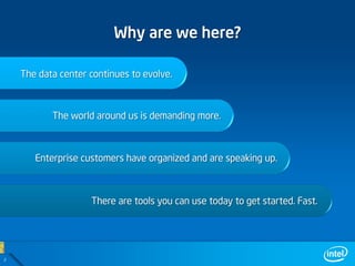 Why are we here?

    The data center continues to evolve.



           The world around us is demanding more.



       Enterprise customers have organized and are speaking up.



                    There are tools you can use today to get started. Fast.




2
 