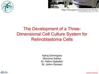 Private & Confidential
The Development of a Three-
Dimensional Cell Culture System for
Retinoblastoma Cells
Ayling Dominguez
Glorymar Ibáñez
Dr. Hakim Djaballah
Dr. JoAnn Gensert
 