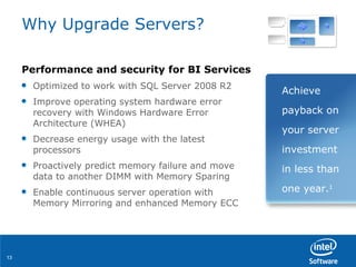 Why Upgrade Servers? Performance and security for BI Services Optimized to work with SQL Server 2008 R2 Improve operating system hardware error recovery with Windows Hardware Error Architecture (WHEA) Decrease energy usage with the latest processors Proactively predict memory failure and move data to another DIMM with Memory Sparing Enable continuous server operation with  Memory Mirroring and enhanced Memory ECC Achieve payback on your server investment in less than one year. 1 
