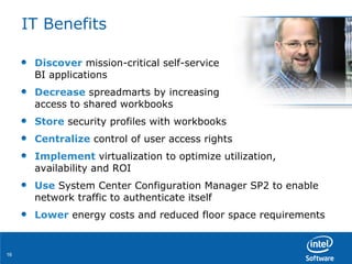 IT Benefits Discover  mission-critical self-service  BI applications Decrease  spreadmarts by increasing  access to shared workbooks Store  security profiles with workbooks Centralize  control of user access rights Implement  virtualization to optimize utilization, availability and ROI Use  System Center Configuration Manager SP2 to enable network traffic to authenticate itself Lower  energy costs and reduced floor space requirements 