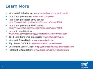 Learn More Microsoft-Intel Alliance:  www.intelalliance.com/microsoft Intel Xeon processors:  www.intel.com/xeon Intel Xeon processor 5600 series:  http://www.intel.com/itcenter/products/xeon/5600 Intel Xeon processor 7500 series:  http://www.intel.com/itcenter/products/xeon/7500 Intel microarchitecture:  www.intel.com/technology/architecture-silicon/next-gen 2010 Intel Core vPro processor:  www.intel.com/vpro Microsoft PowerPivot:  www.powerpivot.com SQL Server 2008 R2:  www.microsoft.com/sqlserver SharePoint Server 2010:  http://sharepoint2010.microsoft.com Microsoft virtualization:  www.microsoft.com/virtualization 