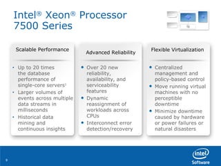 Intel ®  Xeon ®  Processor  7500 Series Up to 20 times  the database performance of single-core servers 1 Larger volumes of events across multiple data streams in milliseconds Historical data  mining and continuous insights Over 20 new reliability, availability, and serviceability features Dynamic reassignment of workloads across CPUs Interconnect error detection/recovery Centralized management and policy-based control Move running virtual machines with no perceptible downtime Minimize downtime caused by hardware or power failures or natural disasters Scalable Performance Advanced Reliability Flexible Virtualization 
