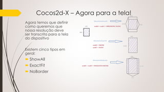 Cocos2d-X – Agora para a tela!
Agora temos que definir
como queremos que
nossa resolução deve
ser transcrita para a tela
do dispositivo
Existem cinco tipos em
geral:
 ShowAll
 ExactFit
 NoBorder
 