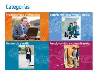 Categorías
Productividad y eficiencia   Entretenimiento y multimedia




Tendencia y estilo           Funcionalidad y comunicación
 