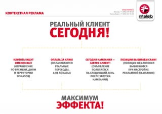 www.intelsib.ru
                                                           Москва: +7 (495) 649-88-19
коНтекстНая реклама                                   Новосибирск: +7 (383) 251-01-44




                      реальНый клиеНт
                      сегодНя!
   клиеНты ищут       оПлата за клик!   сегодНя камПаНия —         Позиции выбираем сами!
     имеННо вас!      (оПлачиваются        завтра клиеНт!            (Позиции объявлеНия
    (ограНичеНие          реальНые          (объявлеНие                  выбираются
  По времеНи, дНям       Переходы,          Появляется                  При Настройке
    и территории        а Не Показы)    На следующий деНь           рекламНой камПаНии)
      Показов)                             После заПуска
                                             камПаНии)




                            максимум
                         эффекта!
 