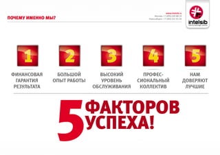 www.intelsib.ru
                                                    Москва: +7 (495) 649-88-19
Почему имеННо мы?                              Новосибирск: +7 (383) 251-01-44




 финансовая     большой        высокий        профес-                               нам
   гарантия    опыт работы      Уровень     сиональный                           доверяют
  резУльтата                 обслУживания    коллектив                            лУчшие




                5        факторов
                         усПеха!
 