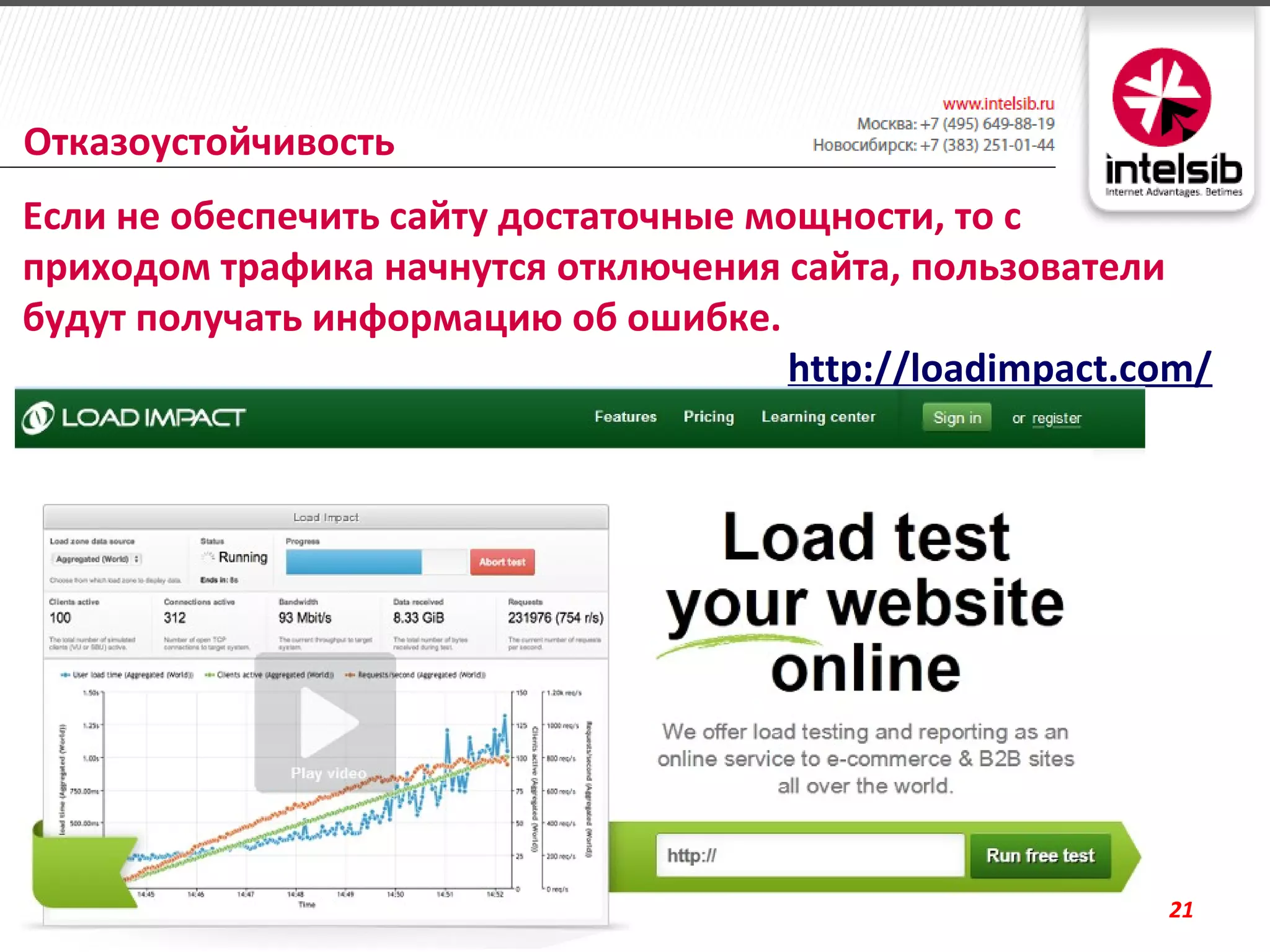 Отказоустойчивость
Если не обеспечить сайту достаточные мощности, то с
приходом трафика начнутся отключения сайта, пользователи
будут получать информацию об ошибке.
                                       http://loadimpact.com/




                                                          21
 