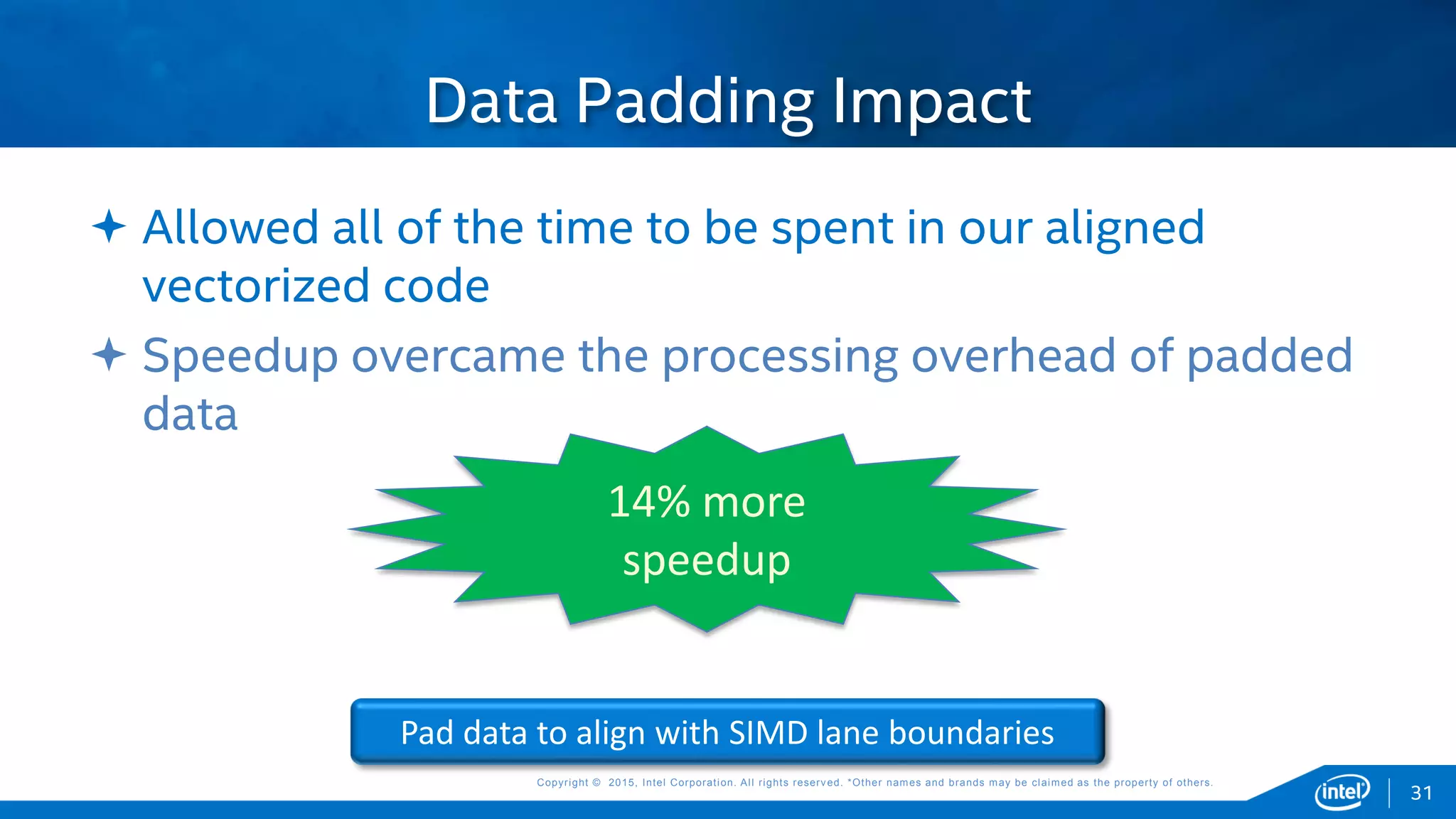 Copyright © 2015, Intel Corporation. All rights reserved. *Other names and brands may be claimed as the property of others.Copyright © 2015, Intel Corporation. All rights reserved. *Other names and brands may be claimed as the property of others.
 Allowed all of the time to be spent in our aligned
vectorized code
 Speedup overcame the processing overhead of padded
data
Data Padding Impact
Pad data to align with SIMD lane boundaries
31
14% more
speedup
 