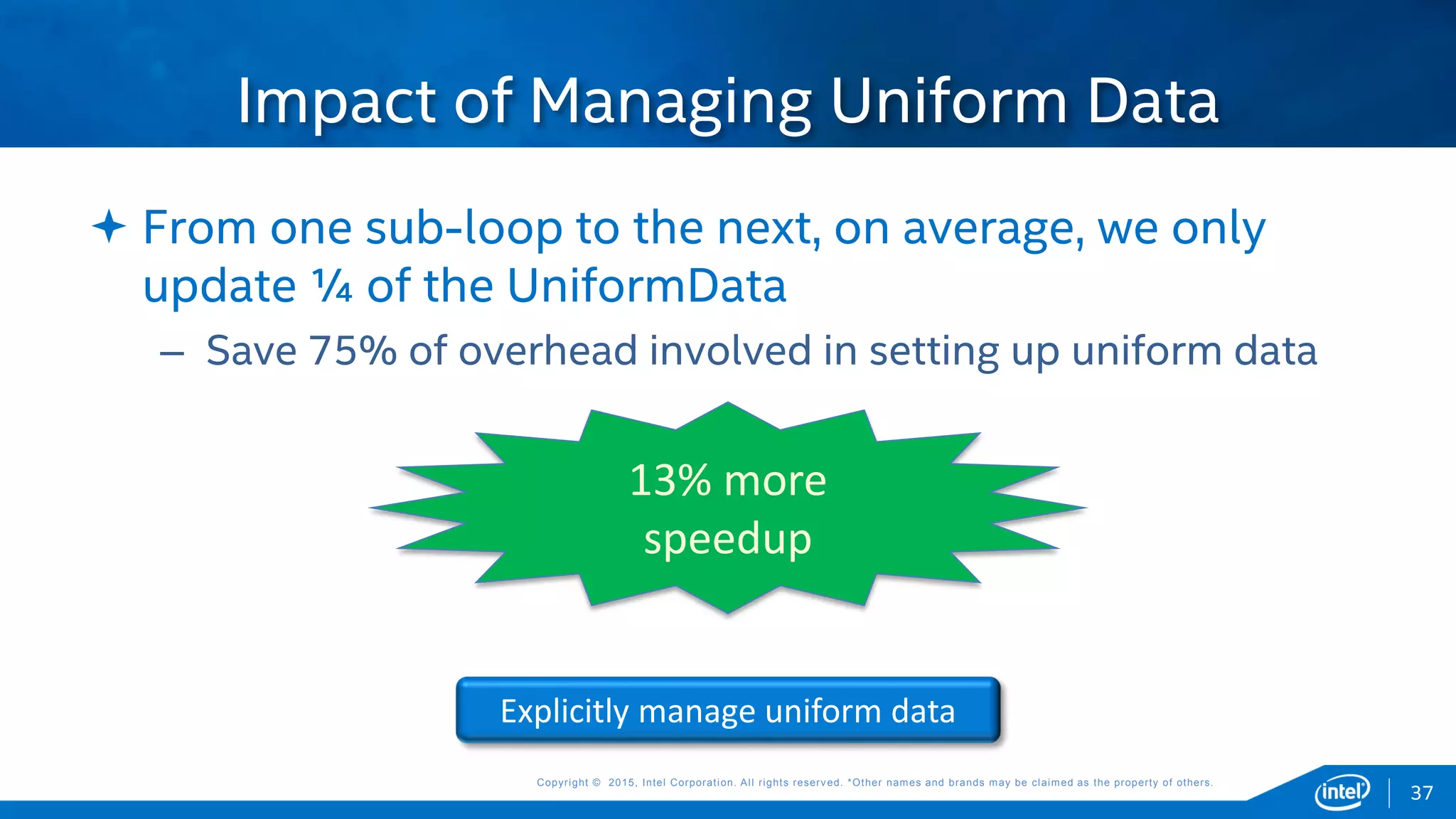 Copyright © 2015, Intel Corporation. All rights reserved. *Other names and brands may be claimed as the property of others.Copyright © 2015, Intel Corporation. All rights reserved. *Other names and brands may be claimed as the property of others.
 From one sub-loop to the next, on average, we only
update ¼ of the UniformData
– Save 75% of overhead involved in setting up uniform data
Impact of Managing Uniform Data
Explicitly manage uniform data
37
13% more
speedup
 