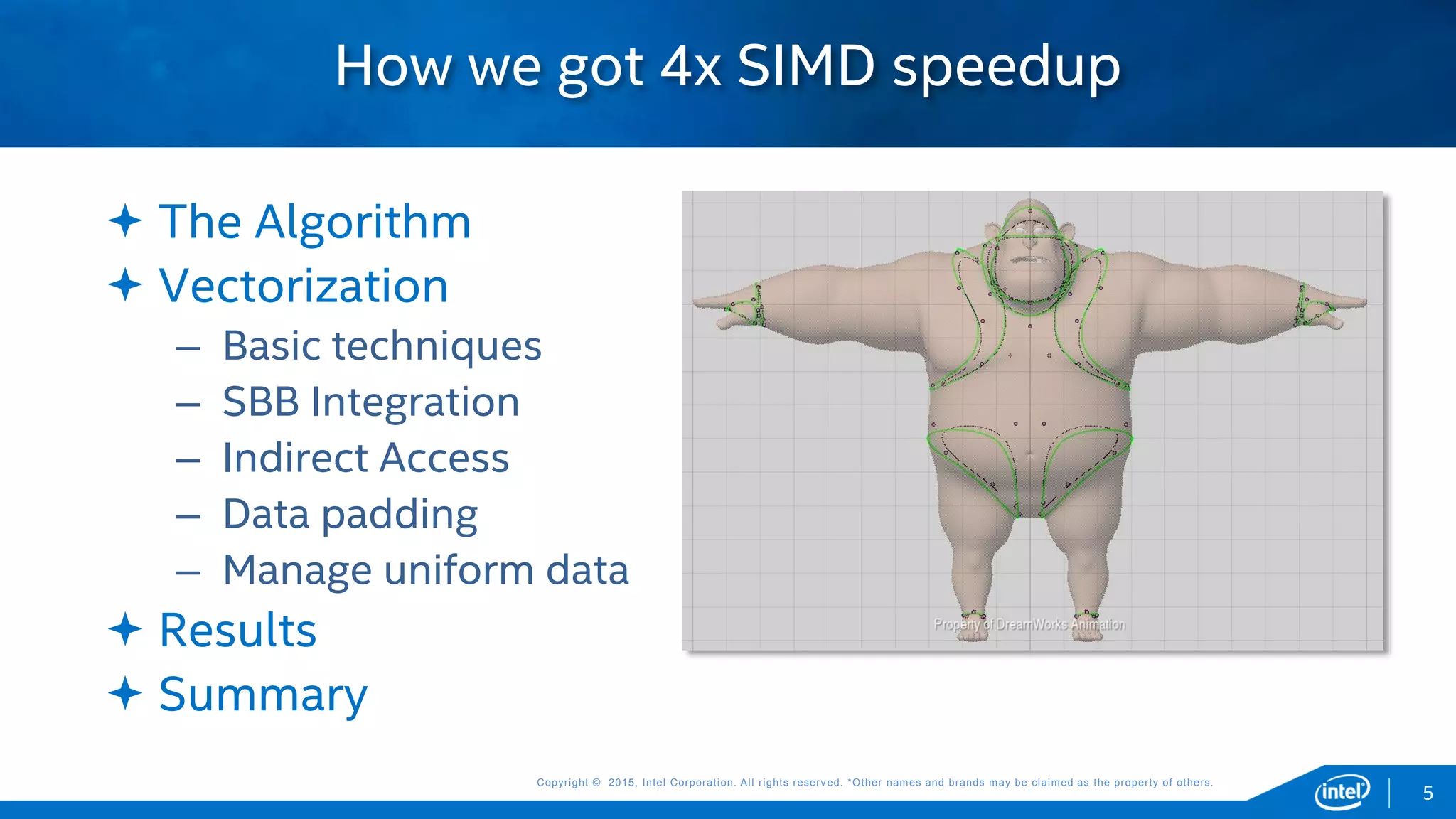 Copyright © 2015, Intel Corporation. All rights reserved. *Other names and brands may be claimed as the property of others.Copyright © 2015, Intel Corporation. All rights reserved. *Other names and brands may be claimed as the property of others.
 The Algorithm
 Vectorization
– Basic techniques
– SBB Integration
– Indirect Access
– Data padding
– Manage uniform data
 Results
 Summary
How we got 4x SIMD speedup
5
 