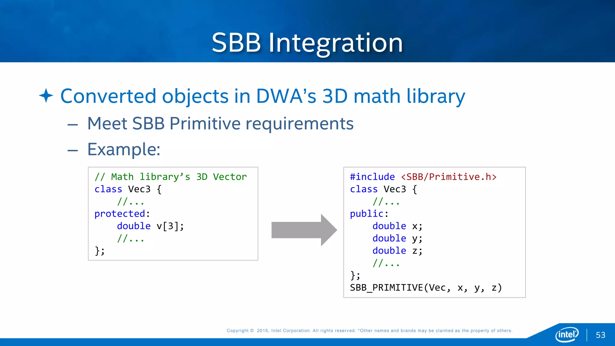 Copyright © 2015, Intel Corporation. All rights reserved. *Other names and brands may be claimed as the property of others.Copyright © 2015, Intel Corporation. All rights reserved. *Other names and brands may be claimed as the property of others.
 Converted objects in DWA’s 3D math library
– Meet SBB Primitive requirements
– Example:
SBB Integration
// Math library’s 3D Vector
class Vec3 {
//...
protected:
double v[3];
//...
};
#include <SBB/Primitive.h>
class Vec3 {
//...
public:
double x;
double y;
double z;
//...
};
SBB_PRIMITIVE(Vec, x, y, z)
53
 