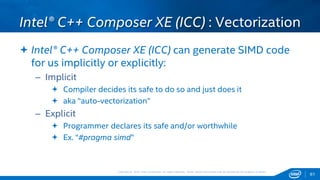 Copyright © 2015, Intel Corporation. All rights reserved. *Other names and brands may be claimed as the property of others.Copyright © 2015, Intel Corporation. All rights reserved. *Other names and brands may be claimed as the property of others.
 Intel® C++ Composer XE (ICC) can generate SIMD code
for us implicitly or explicitly:
– Implicit
 Compiler decides its safe to do so and just does it
 aka “auto-vectorization”
– Explicit
 Programmer declares its safe and/or worthwhile
 Ex. “#pragma simd”
Intel® C++ Composer XE (ICC) : Vectorization
61
 