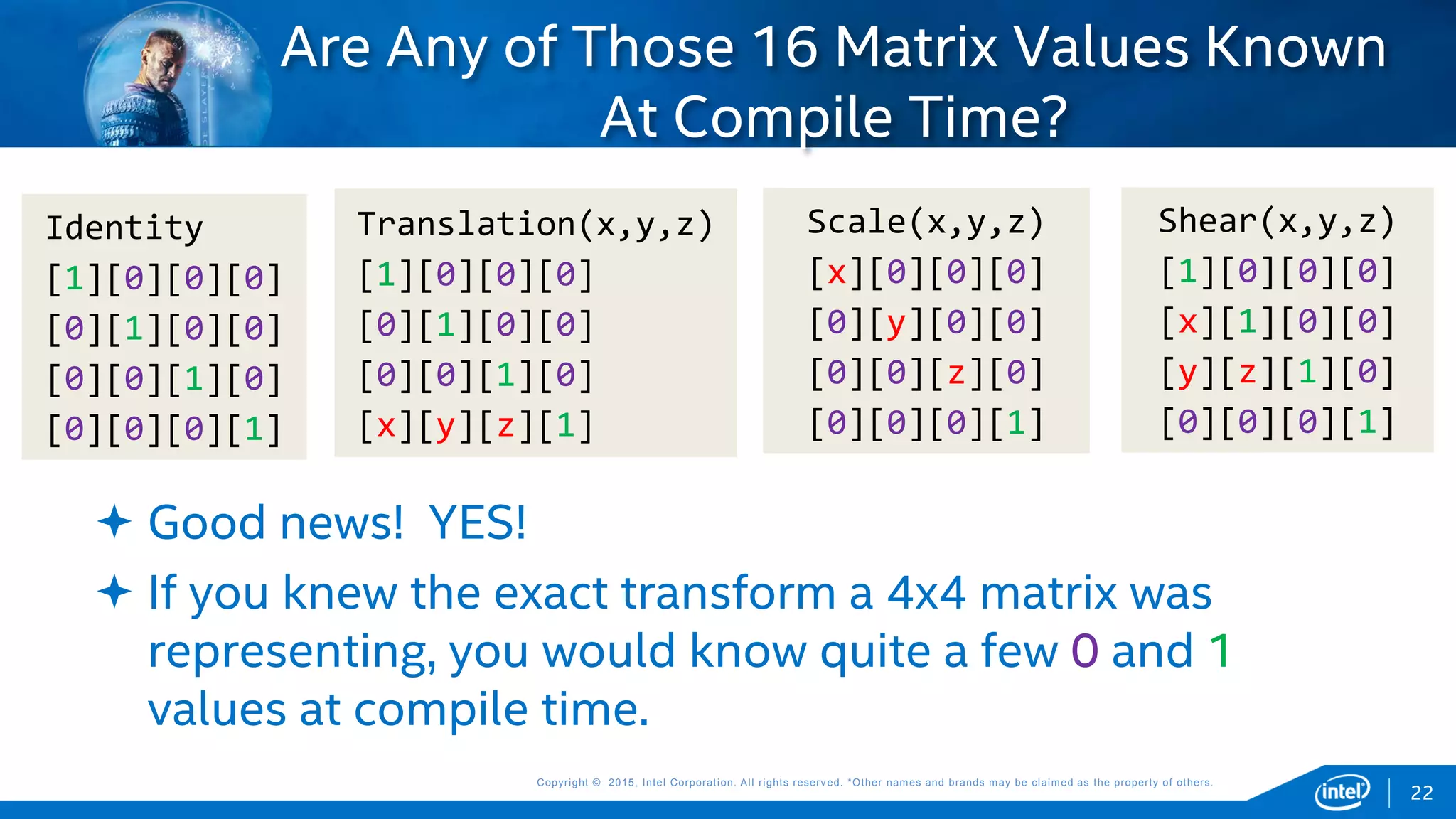 Copyright © 2015, Intel Corporation. All rights reserved. *Other names and brands may be claimed as the property of others.Copyright © 2015, Intel Corporation. All rights reserved. *Other names and brands may be claimed as the property of others.
 Good news! YES!
 If you knew the exact transform a 4x4 matrix was
representing, you would know quite a few 0 and 1
values at compile time.
Are Any of Those 16 Matrix Values Known
At Compile Time?
Identity
[1][0][0][0]
[0][1][0][0]
[0][0][1][0]
[0][0][0][1]
Translation(x,y,z)
[1][0][0][0]
[0][1][0][0]
[0][0][1][0]
[x][y][z][1]
Shear(x,y,z)
[1][0][0][0]
[x][1][0][0]
[y][z][1][0]
[0][0][0][1]
Scale(x,y,z)
[x][0][0][0]
[0][y][0][0]
[0][0][z][0]
[0][0][0][1]
22
 