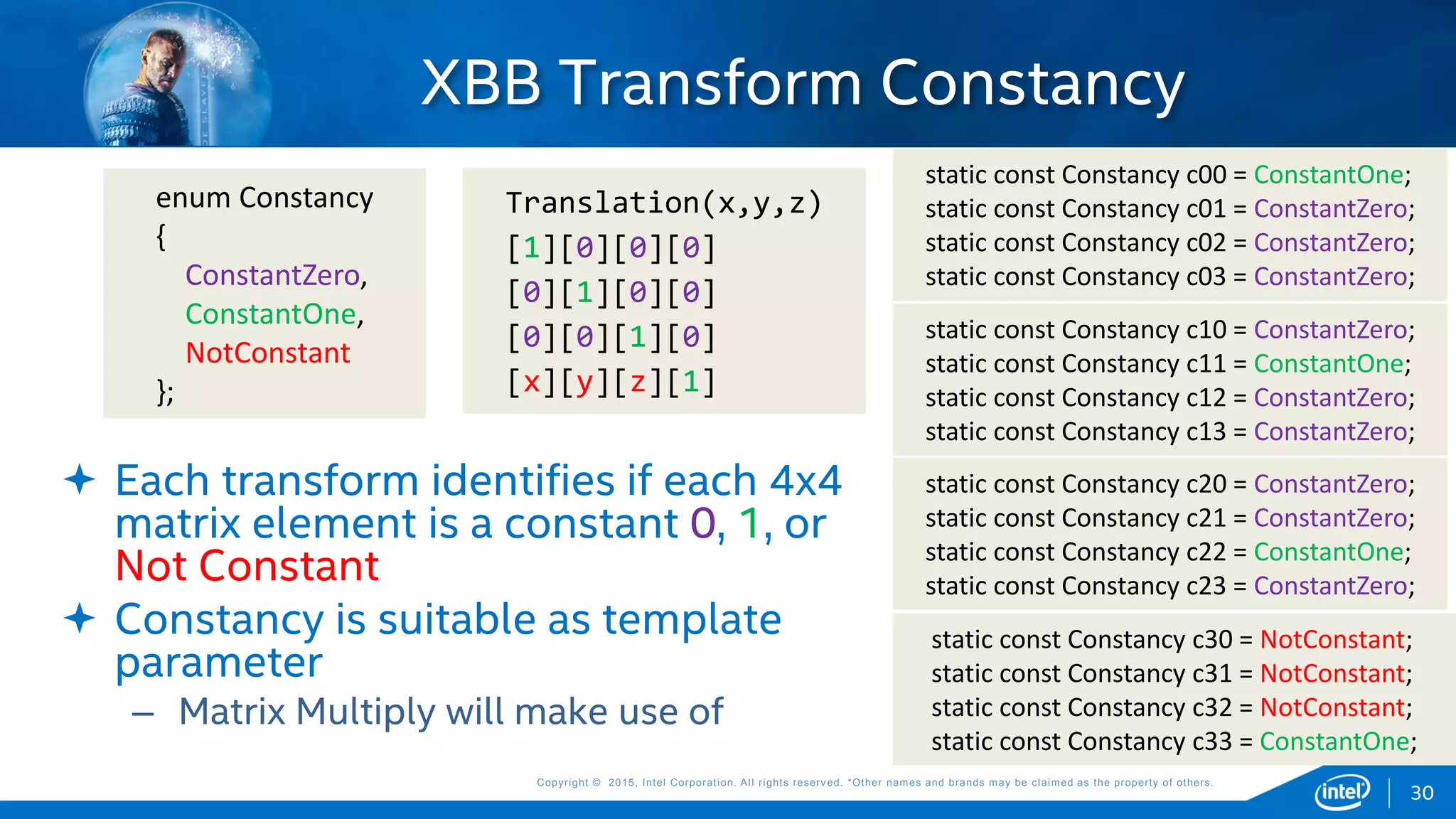 Copyright © 2015, Intel Corporation. All rights reserved. *Other names and brands may be claimed as the property of others.Copyright © 2015, Intel Corporation. All rights reserved. *Other names and brands may be claimed as the property of others.
XBB Transform Constancy
enum Constancy
{
ConstantZero,
ConstantOne,
NotConstant
};
30
 Each transform identifies if each 4x4
matrix element is a constant 0, 1, or
Not Constant
 Constancy is suitable as template
parameter
– Matrix Multiply will make use of
static const Constancy c10 = ConstantZero;
static const Constancy c11 = ConstantOne;
static const Constancy c12 = ConstantZero;
static const Constancy c13 = ConstantZero;
static const Constancy c20 = ConstantZero;
static const Constancy c21 = ConstantZero;
static const Constancy c22 = ConstantOne;
static const Constancy c23 = ConstantZero;
static const Constancy c30 = NotConstant;
static const Constancy c31 = NotConstant;
static const Constancy c32 = NotConstant;
static const Constancy c33 = ConstantOne;
static const Constancy c00 = ConstantOne;
static const Constancy c01 = ConstantZero;
static const Constancy c02 = ConstantZero;
static const Constancy c03 = ConstantZero;
Translation(x,y,z)
[1][0][0][0]
[0][1][0][0]
[0][0][1][0]
[x][y][z][1]
 