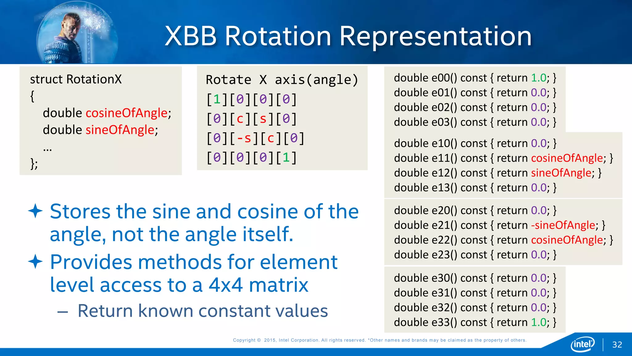 Copyright © 2015, Intel Corporation. All rights reserved. *Other names and brands may be claimed as the property of others.Copyright © 2015, Intel Corporation. All rights reserved. *Other names and brands may be claimed as the property of others.
XBB Rotation Representation
struct RotationX
{
double cosineOfAngle;
double sineOfAngle;
…
};
32
 Stores the sine and cosine of the
angle, not the angle itself.
 Provides methods for element
level access to a 4x4 matrix
– Return known constant values
double e10() const { return 0.0; }
double e11() const { return cosineOfAngle; }
double e12() const { return sineOfAngle; }
double e13() const { return 0.0; }
double e20() const { return 0.0; }
double e21() const { return -sineOfAngle; }
double e22() const { return cosineOfAngle; }
double e23() const { return 0.0; }
double e30() const { return 0.0; }
double e31() const { return 0.0; }
double e32() const { return 0.0; }
double e33() const { return 1.0; }
double e00() const { return 1.0; }
double e01() const { return 0.0; }
double e02() const { return 0.0; }
double e03() const { return 0.0; }
Rotate X axis(angle)
[1][0][0][0]
[0][c][s][0]
[0][-s][c][0]
[0][0][0][1]
 