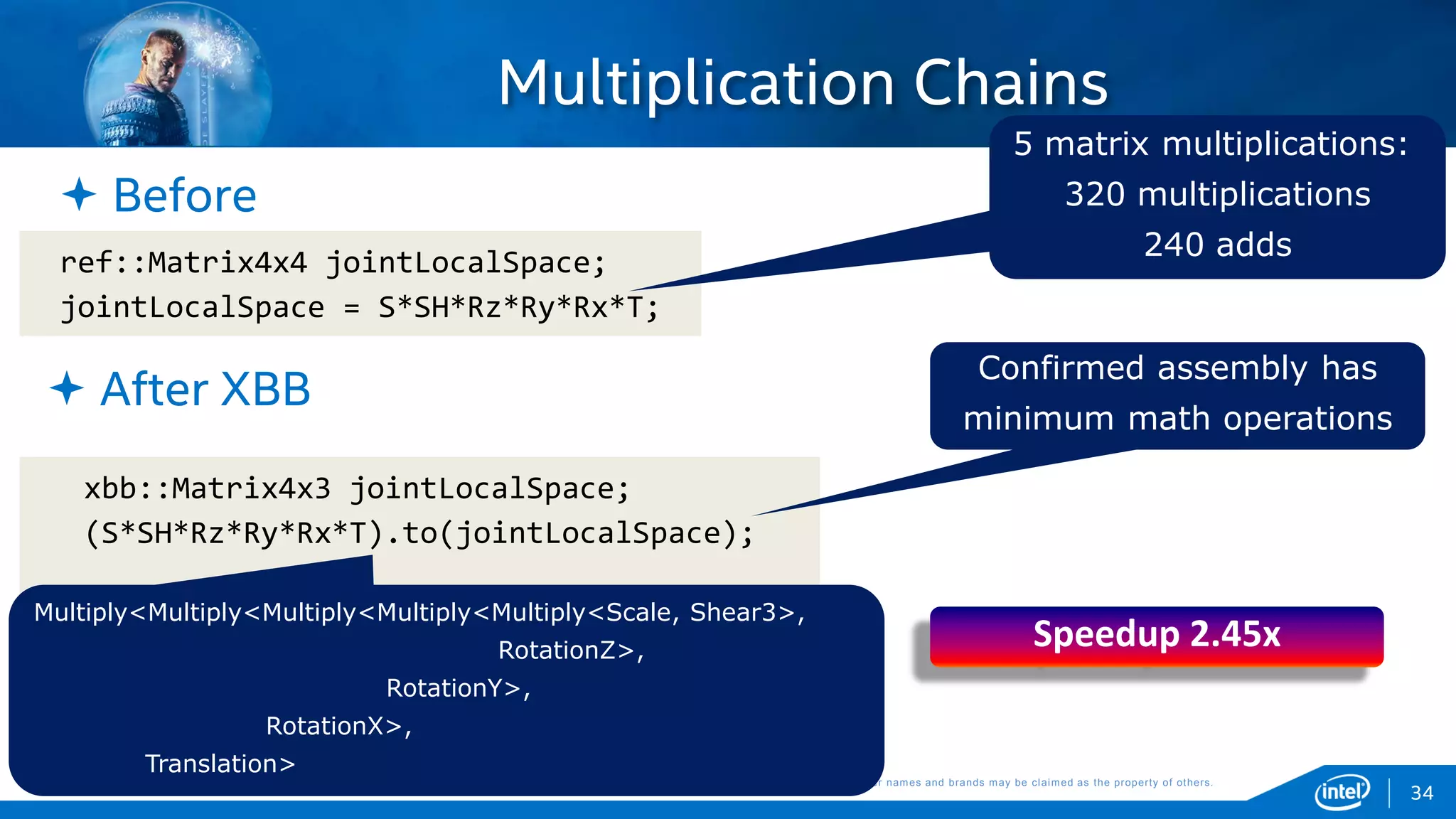 Copyright © 2015, Intel Corporation. All rights reserved. *Other names and brands may be claimed as the property of others.Copyright © 2015, Intel Corporation. All rights reserved. *Other names and brands may be claimed as the property of others.
Multiplication Chains
ref::Matrix4x4 jointLocalSpace;
jointLocalSpace = S*SH*Rz*Ry*Rx*T;
34
xbb::Matrix4x3 jointLocalSpace;
(S*SH*Rz*Ry*Rx*T).to(jointLocalSpace);
 Before
 After XBB
Confirmed assembly has
minimum math operations
5 matrix multiplications:
320 multiplications
240 adds
Speedup 2.45x
Multiply<Multiply<Multiply<Multiply<Multiply<Scale, Shear3>,
RotationZ>,
RotationY>,
RotationX>,
Translation>
 