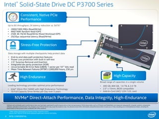 INTEL CONFIDENTIAL
Intel® Solid-State Drive DC P3700 Series
Consistent, Native PCIe
Performance
Up to 6X throughput, 2X latency reduction vs. SATA1
• 2800/1900 MB/s (Read/Write)
• 460/180K Random Read IOPS
• 250K 4K 70/30 Read/Write Mixed Workload IOPS
• 20/20µs sequential latency (Read/Write)
Stress-Free Protection
Data storage with multiple checkpoints help protect data
• End-to-end data path protection features
• Power Loss protection with built in self-test
• 2.5” Surprise-Removal and Insertion
• Integrated die parity protection (XOR)
• Uncorrectable Bit Error Rate (UBER): 1 sector per 1017 bits read
• Mean Time Between Failures (MTBF): 2,000,000 hours, 230 yrs
High Endurance
Leading technology provides optimal price performance
• Intel® 20nm MLC NAND with High Endurance Technology
• 10 Full Capacity Drive Writes per Day over 5 years
8
Broad range of capacities in a single volume
• 400 GB, 800 GB, 1.6 TB, & 2.0 TB
• 2.5” x 15mm, 8639 compatible
• Add-In-Card (AIC) 1/2H 1/2L card
High Capacity
* Other names and brands are property of their respective owners
Source: Intel® SSD DC P3700 Series datasheet based upon internal Intel testing.
NVMe* Direct-Attach Performance, Data Integrity, High-Endurance
Software and workloads used in performance tests may have been optimized for performance only on Intel microprocessors. Performance tests, such as SYSmark and MobileMark, are measured using specific computer systems, components,
software, operations and functions. Any change to any of those factors may cause the results to vary. You should consult other information and performance tests to assist you in fully evaluating your contemplated purchases, including the
performance of that product when combined with other products.
 
