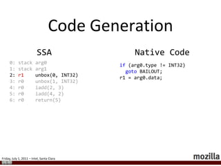 PolymorphismMain MethodGenerated Stubif (arg0.type != OBJECT)    goto slow_path;  JSObject *obj = arg0.data;if (obj->shape != SHAPE1)goto stub;  R0 = obj->slots[1].type;  R1 = obj->slots[1].data;rejoin:  stub:if (obj->shape != SHAPE2)goto property_ic;R0 = obj->slots[0].type;R1 = obj->slots[0].data;goto rejoin;