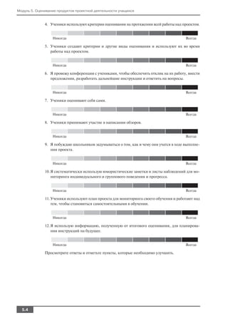 Модуль 5. Оценивание продуктов проектной деятельности учащихся


              4. Ученики используют критерии оценивания на протяжении всей работы над проектом.


                  Никогда                                                               Всегда

              5. Ученики создают критерии и другие виды оценивания и используют их во время
                 работы над проектом.


                  Никогда                                                               Всегда

              6. Я провожу конференции с учениками, чтобы обеспечить отклик на их работу, внести
                 предложения, разработать дальнейшие инструкции и ответить на вопросы.


                  Никогда                                                               Всегда

              7. Ученики оценивают себя сами.


                  Никогда                                                               Всегда

              8. Ученики принимают участие в написании обзоров.


                  Никогда                                                               Всегда

              9. Я побуждаю школьников задумываться о том, как и чему они учатся в ходе выполне
                 ния проекта.


                  Никогда                                                               Всегда

              10. Я систематически использую юмористические заметки и листы наблюдений для мо
                  ниторинга индивидуального и группового поведения и прогресса.


                  Никогда                                                               Всегда

              11. Ученики используют план проекта для мониторинга своего обучения и работают над
                  тем, чтобы становиться самостоятельными в обучении.


                  Никогда                                                               Всегда

              12. Я использую информацию, полученную от итогового оценивания, для планирова
                  ния инструкций на будущее.


                  Никогда                                                               Всегда

              Просмотрите ответы и отметьте пункты, которые необходимо улучшить.




  5.4
 