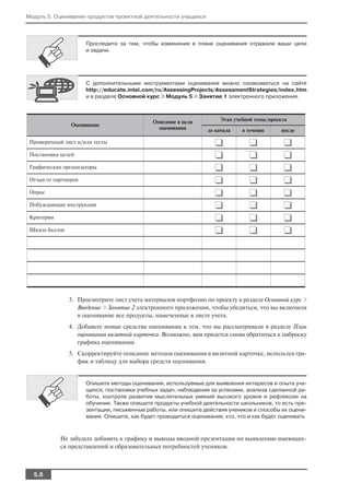 Модуль 5. Оценивание продуктов проектной деятельности учащихся



                      Проследите за тем, чтобы изменения в плане оценивания отражали ваши цели
                      и задачи.




                      С дополнительными инструментами оценивания можно ознакомиться на сайте
                      http://educate.intel.com/ru/AssessingProjects/AssessmentStrategies/index.htm
                      и в разделе Основной курс > Модуль 5 > Занятие 1 электронного приложения.



                                              Описание и цели         Этап учебной темы/проекта
                Оценивание
                                                оценивания        до начала   в течение     после

 Проверочный лист и/или тесты                                       ❑            ❑           ❑
 Постановка целей                                                   ❑            ❑           ❑
 Графические организаторы                                           ❑            ❑           ❑
 Отзыв от партнеров                                                 ❑            ❑           ❑
 Опрос                                                              ❑            ❑           ❑
 Побуждающие инструкции                                             ❑            ❑           ❑
 Критерии                                                           ❑            ❑           ❑
 Шкала баллов                                                       ❑            ❑           ❑




                3. Просмотрите лист учета материалов портфолио по проекту в разделе Основной курс >
                   Введение > Занятие 2 электронного приложения, чтобы убедиться, что вы включили
                   в оценивание все продукты, намеченные в листе учета.
                4. Добавьте новые средства оценивания к тем, что вы рассматривали в разделе План
                   оценивания визитной карточки. Возможно, вам придется снова обратиться к наброску
                   графика оценивания.
                5. Скорректируйте описание методов оценивания в визитной карточке, используя гра
                   фик и таблицу для выбора средств оценивания.


                      Опишите методы оценивания, используемые для выявления интересов и опыта уча
                      щихся, постановки учебных задач, наблюдения за успехами, анализа сделанной ра
                      боты, контроля развития мыслительных умений высокого уровня и рефлексии на
                      обучение. Также опишите продукты учебной деятельности школьников, то есть пре
                      зентации, письменные работы, или опишите действия учеников и способы их оцени
                      вания. Опишите, как будет проводиться оценивание, кто, что и как будет оценивать



            Не забудьте добавить к графику и выводы вводной презентации по выявлению имеющих
            ся представлений и образовательных потребностей учеников.



  5.6
 