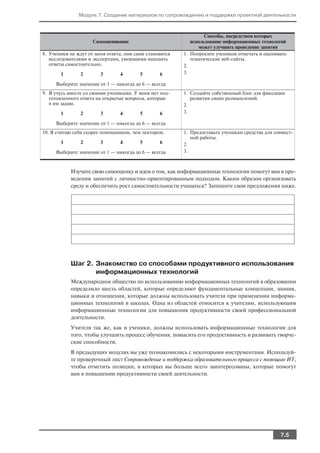 Модуль 7. Создание материалов по сопровождению и поддержке проектной деятельности



                                                                  Способы, посредством которых
                     Самооценивание                         использование информационных технологий
                                                               может улучшить проведение занятия
8. Ученики не ждут от меня ответа, они сами становятся   1. Попросите учеников отмечать и оценивать
   исследователями и экспертами, умеющими находить          тематические веб сайты.
   ответы самостоятельно.                                2.
       1        2       3       4        5       6       3.

     Выберите значение от 1 — никогда до 6 — всегда
9. Я учусь вместе со своими учениками. У меня нет под    1. Создайте собственный блог для фиксации
   готовленного ответа на открытые вопросы, которые         развития своих размышлений.
   я им задаю.                                           2.
       1        2       3       4        5       6       3.

     Выберите значение от 1 — никогда до 6 — всегда
10. Я считаю себя скорее помощником, чем лектором.       1. Предоставьте ученикам средства для совмест
                                                            ной работы.
       1        2       3       4        5       6       2.
     Выберите значение от 1 — никогда до 6 — всегда      3.



           Изучите свою самооценку и идеи о том, как информационные технологии помогут вам в про
           ведении занятий с личностно ориентированным подходом. Каким образом организовать
           среду и обеспечить рост самостоятельности учащихся? Запишите свои предложения ниже.




           Шаг 2. Знакомство со способами продуктивного использования
                  информационных технологий
           Международное общество по использованию информационных технологий в образовании
           определило шесть областей, которые определяют фундаментальные концепции, знания,
           навыки и отношения, которые должны использовать учителя при применении информа
           ционных технологий в школах. Одна из областей относится к учителям, использующим
           информационные технологии для повышения продуктивности своей профессиональной
           деятельности.
           Учителя так же, как и ученики, должны использовать информационные технологии для
           того, чтобы улучшить процесс обучения, повысить его продуктивность и развивать творче
           ские способности.
           В предыдущих модулях вы уже познакомились с некоторыми инструментами. Используй
           те проверочный лист Сопровождение и поддержка образовательного процесса с помощью ИТ,
           чтобы отметить позиции, в которых вы больше всего заинтересованы, которые помогут
           вам в повышении продуктивности своей деятельности.




                                                                                                 7.5
 