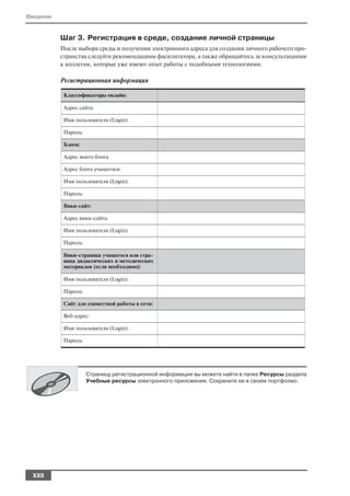 Введение


           Шаг 3. Регистрация в среде, создание личной страницы
           После выбора среды и получения электронного адреса для создания личного рабочего про
           странства следуйте рекомендациям фасилитатора, а также обращайтесь за консультациями
           к коллегам, которые уже имеют опыт работы с подобными технологиями.

           Регистрационная информация

            Классификаторы онлайн:

            Адрес сайта:

            Имя пользователя (Login):

            Пароль:

            Блоги:

            Адрес моего блога:

            Адрес блога учащегося:

            Имя пользователя (Login):

            Пароль:

            Вики сайт:

            Адрес вики сайта:

            Имя пользователя (Login):

            Пароль:

            Вики страница учащегося или стра
            ница дидактических и методических
            материалов (если необходимо):

            Имя пользователя (Login):

            Пароль:

            Сайт для совместной работы в сети:

            Веб адрес:

            Имя пользователя (Login):

            Пароль:




                      Страницу регистрационной информации вы можете найти в папке Ресурсы раздела
                      Учебные ресурсы электронного приложения. Сохраните ее в своем портфолио.




  XXII
 