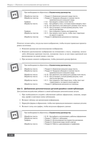 Модуль 1. Обучение с использованием метода проектов



                    При необходимости обратитесь к Справочному руководству:

                    Обработка текстов       > Раздел 3. Изменение внешнего вида текста.
                    Обработка текстов       > Раздел 4. Придание абзацам и строкам текста
                                                    привлекательного внешнего вида.
                    Графика                 > 7.2. Как вводить слова в поле текста.
                    Обработка текста        > 6.9. Как добавить поле, в которое можно вводить текст.
                                            > 6.10. Как увеличить или уменьшить размер поля текста.
                                            > 6.13. Как установить точный размер рисунка, поля
                                                    текста или фигуры.
                    Графика                 > 5.1. Как отобразить панель инструментов.
                    Обработка текстов       > 6.11. Как связать поля текста, чтобы текст перетекал
                                                    из одного в другое.
                    Обработка текстов       > Раздел 5. Добавление рисунков на страницы.



           Отметьте тегами сайты, откуда вы взяли изображения, чтобы позднее правильно процити
           ровать источники.
              ❍   Измените размер или местоположение изображения.
              ❍   Измените расположение изображения по отношению к тексту, например, исполь
                  зуйте обтекание картинки текстом, положение текста за или перед картинкой или
                  расположение на одной линии с текстом.
              ❍   При желании сожмите изображения, чтобы уменьшить размер файлов.


                    При необходимости обратитесь к Справочному руководству:

                    Обработка текста        > Раздел 3. Изменение внешнего вида текста.
                    Обработка текста        > Раздел 4. Придание абзацам и строкам текста
                                                    привлекательного внешнего вида.
                    Обработка текста        > 6.10. Как увеличить или уменьшить размер поля текста.
                    Обработка текста        > 6.13. Как установить точный размер рисунка, поля
                                                    текста или фигуры.
                    Обработка текста        > 6.11. Как соединять текстовые окна, чтобы текст мог
                                                    «переплывать» из одного окна в другое.
                    Обработка текста        > Раздел 5. Добавление рисунков на страницы.


           Шаг 3. Добавление дополнительных деталей дизайна к моей публикации
           Для усиления воздействия добавьте к своей публикации дополнительные детали.
              1. При необходимости создайте собственный шаблон оформления, изменив, напри
                 мер, шрифт и цветовую гамму публикации.
              2. Вставьте таблицу для организации информации.
              3. Нарисуйте формы и обрамления, чтобы они привлекали внимание к важным деталям.
              4. Вставьте схему или график, чтобы визуально оформить данные.


                    При необходимости обратитесь к Справочному руководству:

                    Обработка текста        > 6.19. Как выбрать и использовать шаблоны оформления.
                    Обработка текста        > Раздел 7. Работа с таблицами.
                    Графика                 > Раздел 5. Использование инструментов рисования.
                                            > Раздел 6. Изменение вида линий и фигур.
                    Обработка текста        > Раздел 8. Работа с диаграммами и графиками.




  1.14
 