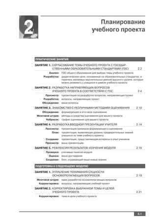 Планирование
2                                            учебного проекта



    ПРАКТИЧЕСКИЕ ЗАНЯТИЯ

    ЗАНЯТИЕ 1. СОГЛАСОВАНИЕ ТЕМЫ УЧЕБНОГО ПРОЕКТА С ГОСУДАР
               СТВЕННЫМИ ОБРАЗОВАТЕЛЬНЫМИ СТАНДАРТАМИ (ГОС)                      2.2
              Анализ: ГОС общего образования для выбора темы учебного проекта
         Разработка: дидактические цели, основанные на образовательных стандартах, и
                     перечень желаемых мыслительных умений высокого уровня, которые
                     можно развивать у учащихся в рамках учебного проекта

    ЗАНЯТИЕ 2. РАЗРАБОТКА НАПРАВЛЯЮЩИХ ВОПРОСОВ
               УЧЕБНОГО ПРОЕКТА В СООТВЕТСТВИИ С ГОС                             2.4
           Просмотр: презентация по разработке вопросов, направляющих проект
         Разработка: вопросы, направляющие проект
         Обсуждение: ваши вопросы

    ЗАНЯТИЕ 3. ЗНАКОМСТВО С РАЗЛИЧНЫМИ МЕТОДАМИ ОЦЕНИВАНИЯ                      2.10
         Обсуждение: формирующее и итоговое оценивание
     Мозговой штурм: методы и средства оценивания для вашего проекта
           Набросок: график оценивания для вашего проекта

    ЗАНЯТИЕ 4. РАЗРАБОТКА ВВОДНОЙ ПРЕЗЕНТАЦИИ УЧИТЕЛЯ                           2.14
           Просмотр: презентация примеров формирующего оценивания
                План: презентация, выявляющая уровень предварительных знаний
                      учащихся по теме учебного проекта
           Создание: презентация, представляющая интересы и опыт учеников
           Просмотр: ваша презентацию

    ЗАНЯТИЕ 5. РЕФЛЕКСИЯ РЕЗУЛЬТАТОВ ИЗУЧЕНИЯ МОДУЛЯ                            2.18
           Проверка: ключевые понятия модуля
             Оценка: ваши достижения
           Создание: блог, отражающий ваши новые знания

    ПОДГОТОВКА К СЛЕДУЮЩЕМУ МОДУЛЮ

    ЗАНЯТИЕ 1. УГЛУБЛЕНИЕ ПОНИМАНИЯ СУЩНОСТИ
               ОСНОВОПОЛАГАЮЩИХ ВОПРОСОВ                                        2.19
     Мозговой штурм: идеи разработки основополагающих вопросов
      Корректировка: вопросы, направляющие учебный проект

    ЗАНЯТИЕ 2. КОРРЕКТИРОВКА ВЫБРАННОЙ ТЕМЫ И ЦЕЛЕЙ
               УЧЕБНОГО ПРОЕКТА                                                 2.21
      Корректировка: тема и цели учебного проекта




                                                                                 2.1
 