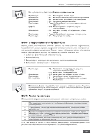 Модуль 2. Планирование учебного проекта




        При необходимости обратитесь к Справочному руководству:

        Мультимедиа               > 1.7. Как настроить область задач.
        Мультимедиа               > 4.1. Как выбрать и использовать шаблоны оформления.
        Мультимедиа               > 4.2. Как выбрать и использовать цветовые схемы.
        Мультимедиа               > 4.4. Как изменить разметку слайда.
        Мультимедиа               > Раздел 6. Как добавлять рисунки и художественные
                                          эффекты.
        Графика                   > 3.16. Как скопировать и сохранить рисунок
                                          с веб страницы.
        Мультимедиа               > 6.8. Как сжать картинку, чтобы уменьшить размер
                                          файла.
        Мультимедиа               > Раздел 8. Как добавлять анимацию и спецэффекты.
        Мультимедиа               > 3.4. Как упорядочить слайды.



Шаг 5. Совершенствование презентации
Решите, какие дополнительные элементы дизайна вы хотите добавить в презентацию.
Каждый элемент должен улучшать содержание. Слишком много звуковых и изобразитель
ных элементов может отвлечь от цели. Помните также о соблюдении законов об авторском
праве и товарных знаках, включая цитирование источников, а также о том.
  1. Добавьте в файл или на веб сайт гиперссылку.
  2. Вставьте таблицу.
  3. Вставьте схему или график для визуального представления данных.
  4. Вставьте звук или видеоклип из Интернета.


        Мультимедиа               > 7.9.  Как вставить ссылку на другой документ,
                                          сохраненный на компьютере
                                  > 7.10. Как вставить ссылку на веб узел
        Мультимедиа               > 5.10. Как вставить или добавить в слайд таблицу
        Мультимедиа               > 7.    Как добавлять звуки, фильмы и ссылки
        Веб технологии            > 2.    Поиск и сохранение веб ресурсов с помощью
                                          Mozilla Firefox



        Примечание. Видео и аудиофайлы часто защищены авторским правом. Убедитесь,
        что следуете закону об авторских правах, который заключается не только в простом
        добавлении ресурса в список источников.



Шаг 6. Анализ презентации
Проанализируйте презентацию, воспользовавшись следующим контрольным листом.


   ❑     Mоя презентация помогает получить необходимую информацию о предварительных
         знаниях учеников

   ❑     Для оценивания я использую основополагающие вопросы и проблемные вопросы
         учебной темы
         Применяемая в презентации постановка вопросов помогает понять, каким образом
   ❑     учебный проект будет направлен на развитие мыслительных умений высокого уровня
         и умений и качеств человека XXI века

   ❑     Я могу использовать результаты оценивания для учета представлений и интересов
         моих учеников до выполнения проекта

Если у вас возникли трудности с блог сайтом, воспользуйтесь шаблоном журнала, кото
рый находится в папке Оценивание портфолио электронного приложения.



                                                                                     2.17
 