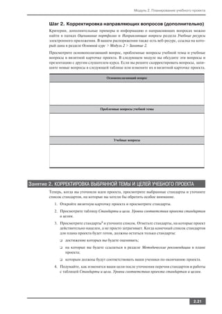 Модуль 2. Планирование учебного проекта



       Шаг 2. Корректировка направляющих вопросов (дополнительно)
       Критерии, дополнительные примеры и информацию о направляющих вопросах можно
       найти в папках Оценивание портфолио и Направляющие вопросы раздела Учебные ресурсы
       электронного приложения. В вашем распоряжении также есть веб ресурс, ссылка на кото
       рый дана в разделе Основной курс > Модуль 2 > Занятие 2.
       Просмотрите основополагающий вопрос, проблемные вопросы учебной темы и учебные
       вопросы в визитной карточке проекта. В следующем модуле вы обсудите эти вопросы и
       презентацию с другим слушателем курса. Если вы решите скорректировать вопросы, запи
       шите новые вопросы в следующей таблице или измените их в визитной карточке проекта.

                                      Основополагающий вопрос




                                   Проблемные вопросы учебной темы




                                          Учебные вопросы




Занятие 2. КОРРЕКТИРОВКА ВЫБРАННОЙ ТЕМЫ И ЦЕЛЕЙ УЧЕБНОГО ПРОЕКТА
       Теперь, когда вы уточнили идеи проекта, просмотрите выбранные стандарты и уточните
       список стандартов, на которые вы хотели бы обратить особое внимание.
          1. Откройте визитную карточку проекта и просмотрите стандарты.
          2. Просмотрите таблицу Стандарты и цели. Уровни соответствия проекта стандартам
             и целям.
          3. Просмотрите стандарты9 и уточните список. Отметьте стандарты, на которые проект
             действительно нацелен, а не просто затрагивает. Когда конечный список стандартов
             для плана проекта будет готов, должны остаться только стандарты:
            ❑   достижение которых вы будете оценивать;
            ❑   на которые вы будете ссылаться в разделе Методические рекомендации в плане
                проекта;
            ❑   которым должны будут соответствовать ваши ученики по окончанию проекта.
          4. Подумайте, как изменятся ваши цели после уточнения перечня стандартов и работы
             с таблицей Стандарты и цели. Уровни соответствия проекта стандартам и целям.




                                                                                      2.21
 