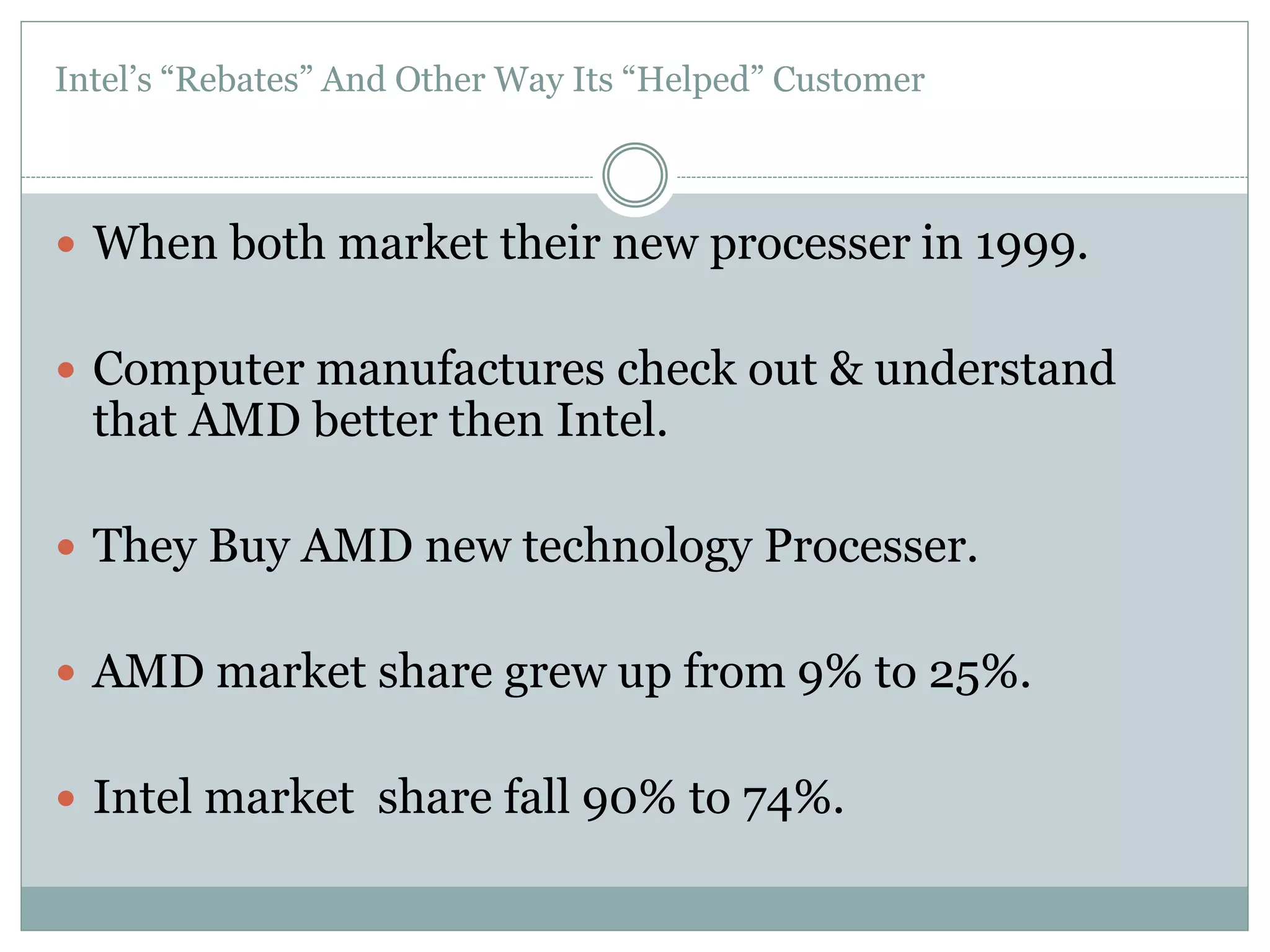 Intel’s “Rebates” And Other Way Its “Helped” Customer 
 When both market their new processer in 1999. 
 Computer manufactures check out & understand 
that AMD better then Intel. 
 They Buy AMD new technology Processer. 
 AMD market share grew up from 9% to 25%. 
 Intel market share fall 90% to 74%. 
 