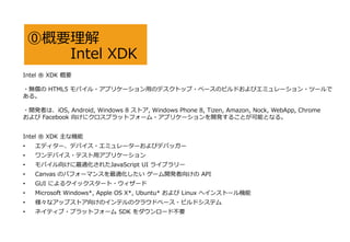 ?Ҫ
Intel XDK
Intel ? XDK Ҫ
?o HTML5 Х?ץꥱ`äΥǥȥå?٩`Υӥɤӥߥ`?ĩ`
롣
?_kߤϡiOS, Android, Windows 8 ȥ, Windows Phone 8, Tizen, Amazon, Nock, WebApp, Chrome
 Facebook 򤱤˥ץåȥե`?ץꥱ`_k뤳ȤܤȤʤ롣
Intel ? XDK ʙC
? ǥ`ǥХ?ߥ``ӥǥХå`
? ǥХ?ƥåץꥱ`
? Х򤱤m줿JavaScript UI 饤֥`
? Canvas Υѥե`ޥ󥹤m `_k򤱤 API
? GUI ˤ륯å`?`
? Microsoft Windows*, Apple OS X*, Ubuntu*  Linux إ󥹥ȩ`C
? ʥåץȥ򤱤ΥƥΥ饦ɥ٩`?ӥɥƥ
? ͥƥ?ץåȥե` SDK `ɲҪ
 