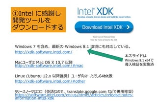 Intel ˸x
_kĩ`
`ɤ
Windows 7 򺬤ᡢ¤ Windows 8.1 hˤ⌝ꤷƤ롣
http://xdk-software.intel.com/
Mac` Mac OS X 10.7 Խ
http://xdk-software.intel.com/#mac
Linux (Ubuntu 12.x ԽƊX` 64bit
http://xdk-software.intel.com/#other
`Ω`ĤϥӢZʤΤǡ translate.google.com ʤɤǁƊX
https://software.intel.com/en-us/html5/articles/release-notes-
information-intel-xdk
饤ɤ
Windows 8.1 x64
^gʩg
 