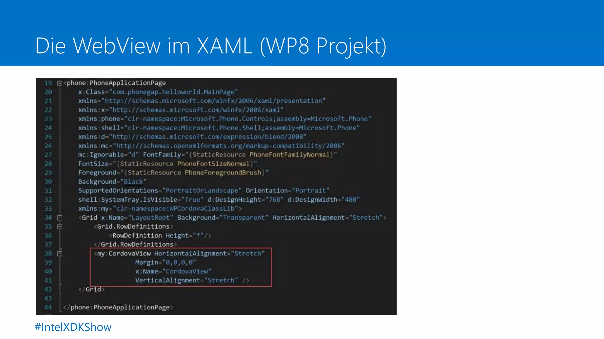 Die WebView im XAML (WP8 Projekt)
#IntelXDKShow
 