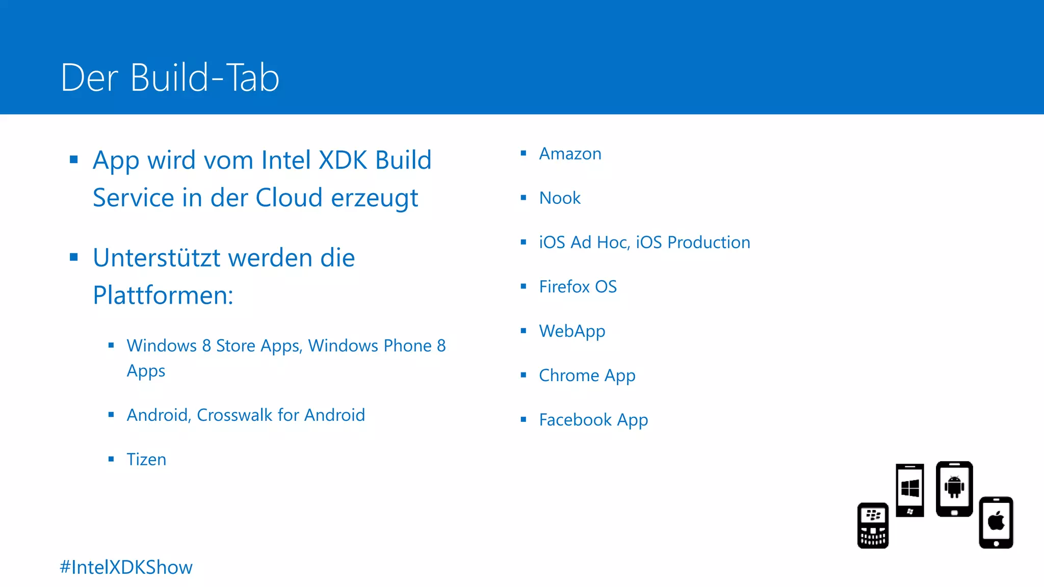 Der Build-Tab
 App wird vom Intel XDK Build
Service in der Cloud erzeugt
 Unterstützt werden die
Plattformen:
 Windows 8 Store Apps, Windows Phone 8
Apps
 Android, Crosswalk for Android
 Tizen
 Amazon
 Nook
 iOS Ad Hoc, iOS Production
 Firefox OS
 WebApp
 Chrome App
 Facebook App
#IntelXDKShow
 
